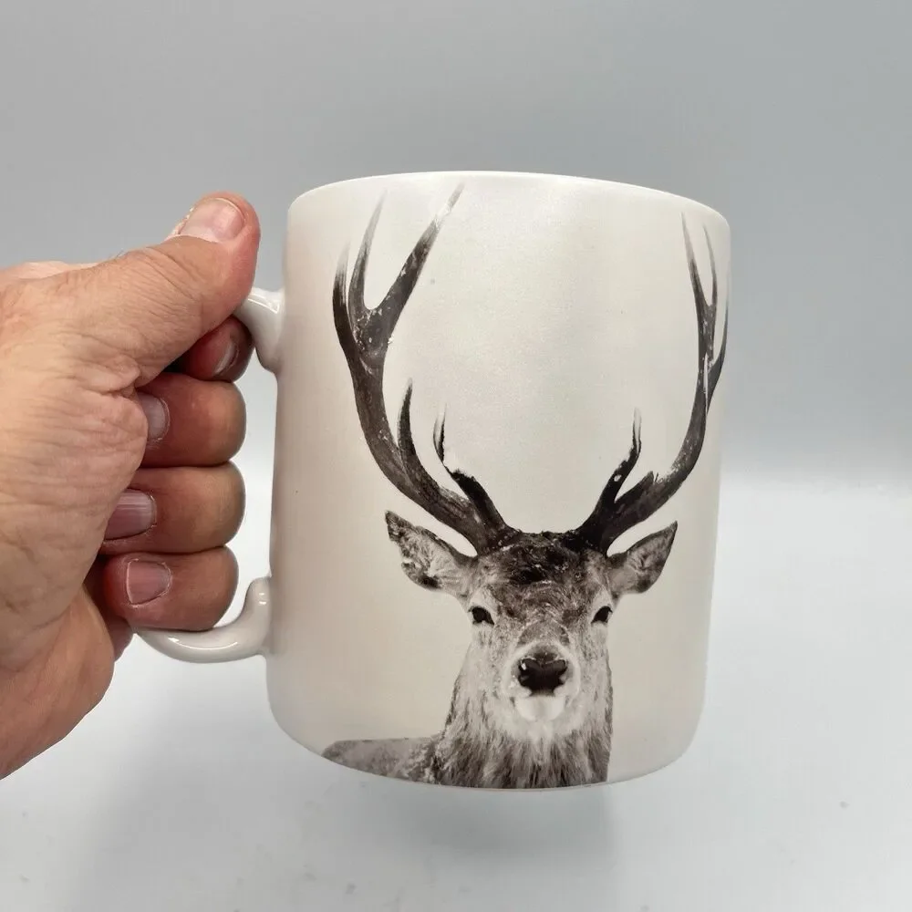 Pier 1 Snow Forest Winter Buck Deer Porcelain Coffee Mug Dishwash Microwave 5”
